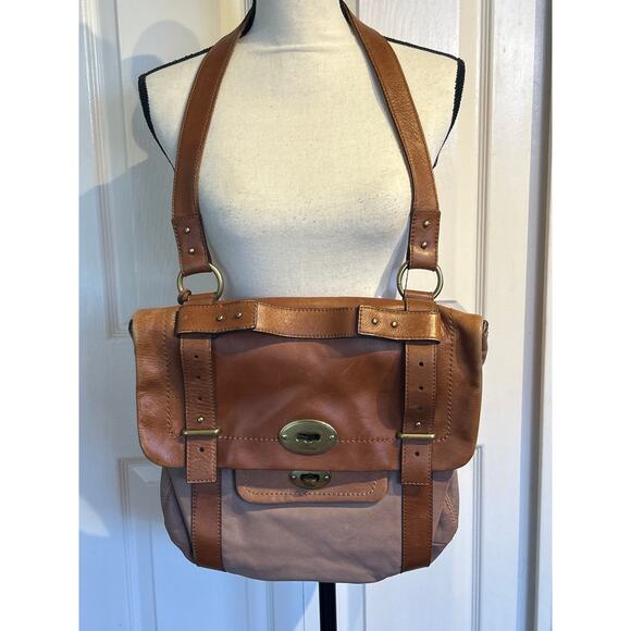 Vintage Fossil Two Tone Brown Leather Messenger Saddle Bag - Picture 1 of 11